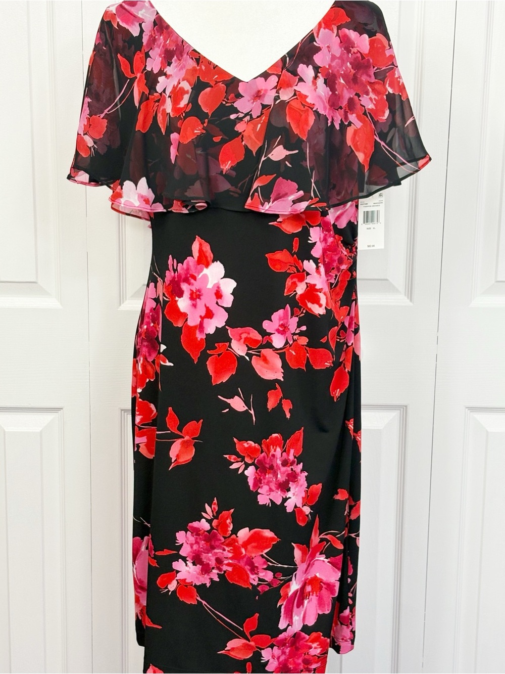 NWT Connected Apparel Black & Red Floral Chiffon Ruffle Sheath Dress XL